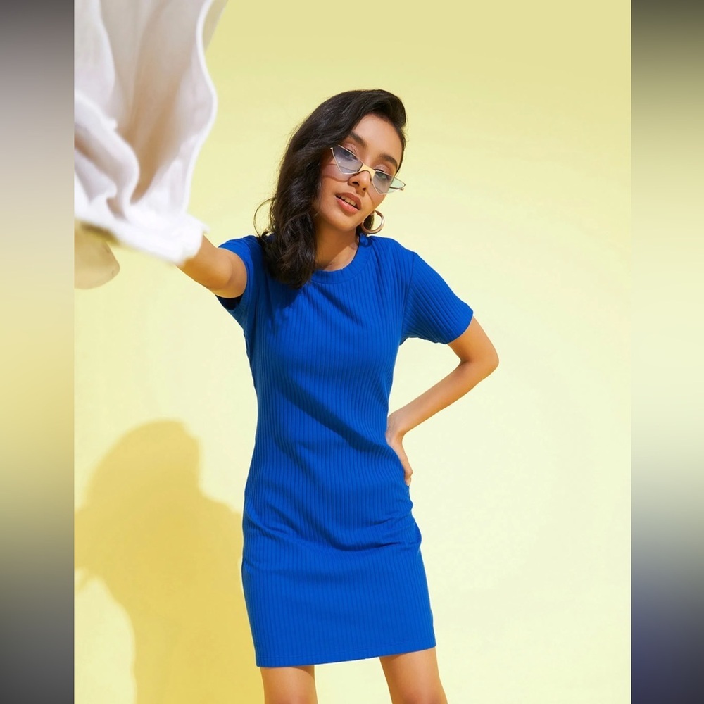 Primark Ribbed Knit Sweater dress short sleeve Royal Blue